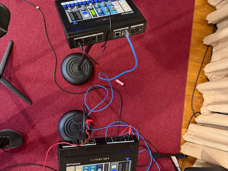 PreSonus EarMix monitor and mixer display in a church stage setup